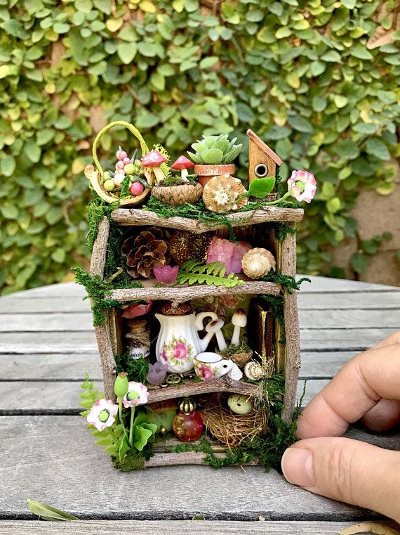 Miniature Fairy Garden on a Bookshelf