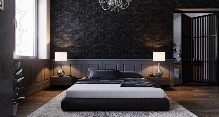 Tricorn Black Bedroom with a Midcentury Feel