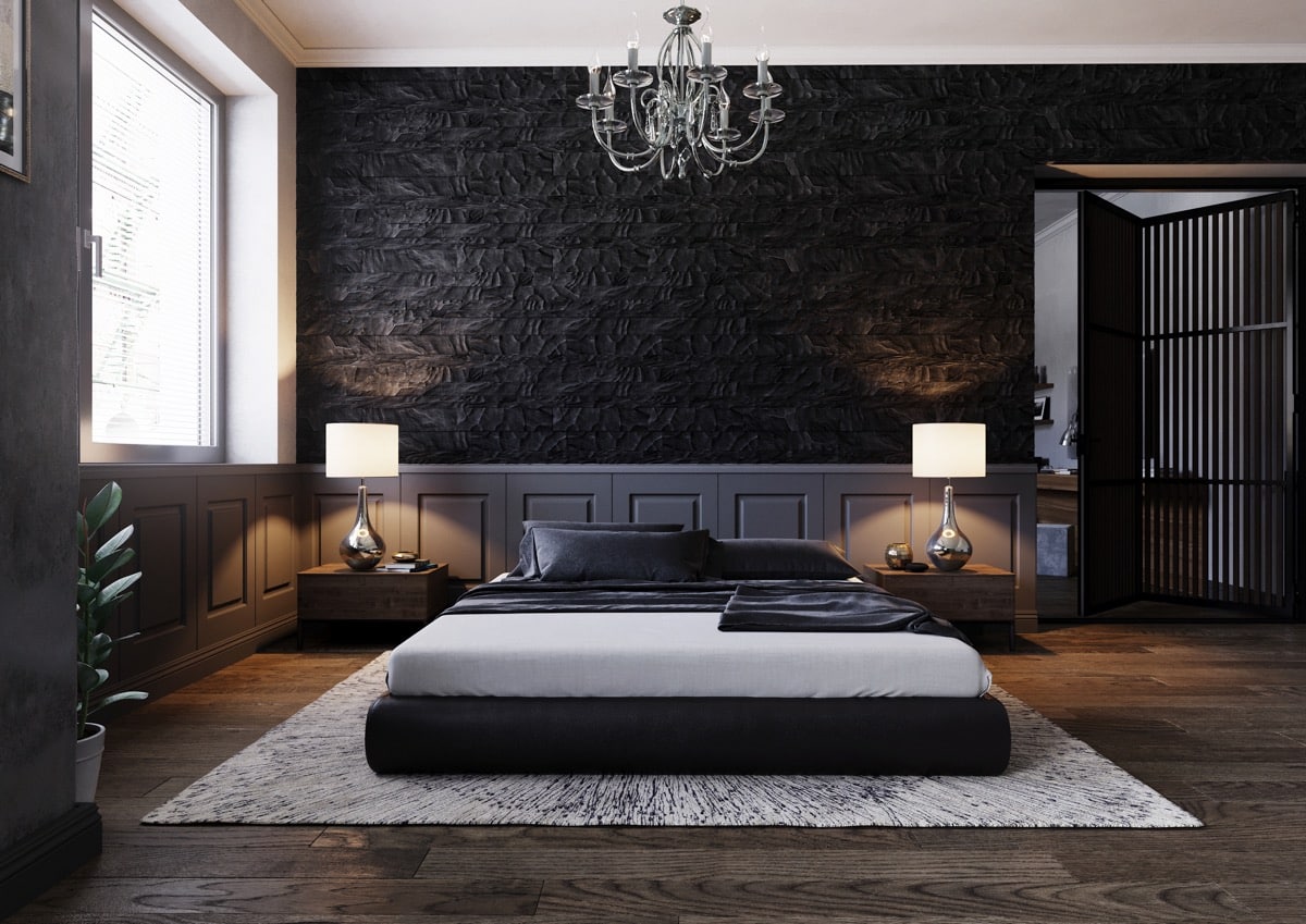 Tricorn Black Bedroom with a Midcentury Feel