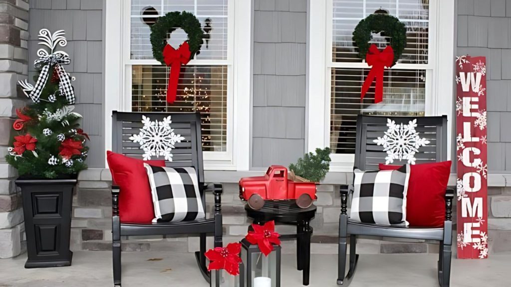 Christmas Porch Decorated with Red Tartan Plaid