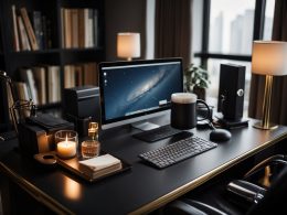 A sleek desk with a high-end computer, ergonomic chair, stylish desk lamp, leather-bound planner, designer stationery, elegant bookshelf, luxurious rug, modern artwork, fragrant candles, and a sophisticated coffee maker